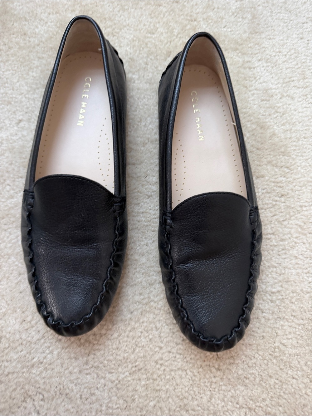 Cole Haan Black Leather Women's Moccasin Loafers with Stitched Trim